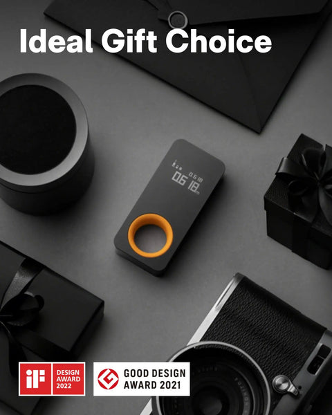 Pocket Size Laser Measuring Tool With 98 Feet Range And 2mm Precision, USB C Rechargeable, OLED Display in gift setting with camera.