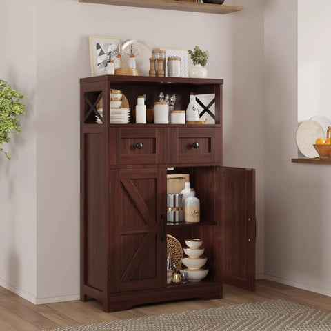 Sturdy Dark Brown Standing Go To Storage Cabinet With Drawers And Shelves For Kitchen Pantry And Home Bar Floor Hutch Cupboard