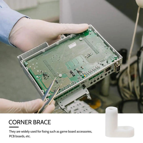 Technician uses Easy To Use White Plastic L Brackets 100 Pack For Furniture Legs Shelves And DIY Repairs Reusable Corner Angle Braces
