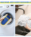 Machine and hand washable No Fuss Heavy Duty Commercial Dust Mop with cotton pads being cleaned in washer and under water.