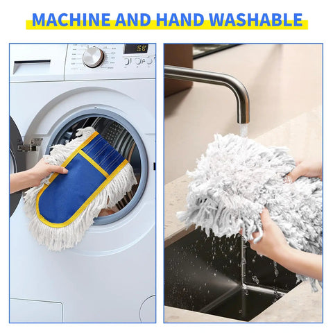 Machine and hand washable No Fuss Heavy Duty Commercial Dust Mop with cotton pads being cleaned in washer and under water.