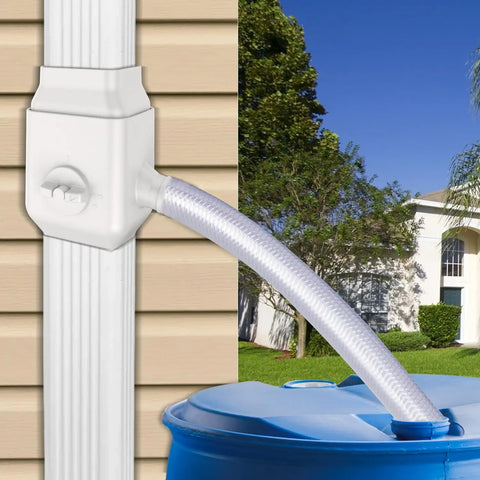 Downspout Diverter for 2x3 Standard Gutters Fits 2x3 Downspouts, Collect Rainwater Into Your Rain Barrel, Eco Friendly Garden Watering System, No Fuss Install, Maximize Harvested Rain And Cut Water Bills, white plastic diverter on downspout with hose to blue rain barrel