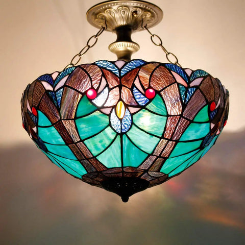 Green Liaison Tiffany Style Stained Glass Ceiling Light Fixture Semi Flush Mount Lamp With 16 Inch Shade And 15 Inch Height