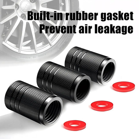 American Flag Chrome Tire Valve Stem Caps Set Silver 5 Pack With Plastic Inner Liner shown with red gaskets and tire background