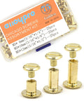 Heavy Duty Golden Chicago Screw Rivets Assortment Kit For Leather Craft And Bookbinding with kit display and size details.