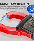 Close-up of Digital Clamp Meter Multimeter for Electricians with 36mm jaw design, shows NCV function and grip details