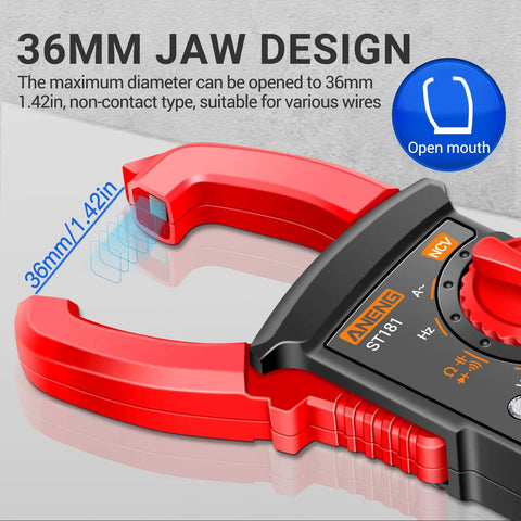 Close-up of Digital Clamp Meter Multimeter for Electricians with 36mm jaw design, shows NCV function and grip details