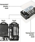 Open view of Go-To Magnetic Repair Tool Kit 115-In-1 Precision Screwdriver Set with flexible shaft, magnetizer, spudgers, tweezers.