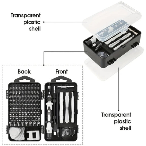 Open view of Go-To Magnetic Repair Tool Kit 115-In-1 Precision Screwdriver Set with flexible shaft, magnetizer, spudgers, tweezers.