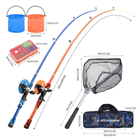 Portable Kids Fishing Rod Set 2 Pack Telescopic Poles With Rod And Reel Combos All In One Kit Including Net Bucket Tackle Box Lures