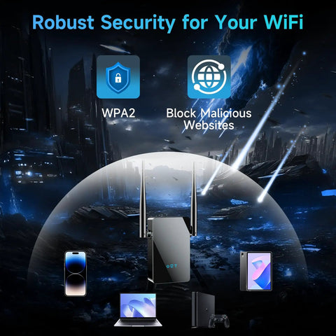 4X Faster WiFi Extender With Ethernet Port, Long Range Home Signal Booster, security features illustration