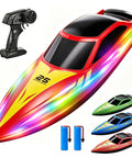 Remote Control RC Boat For Kids With 7 LED Modes 60 Minutes Play Time 15 KPH Speed Boat, colorful boat and remote.
