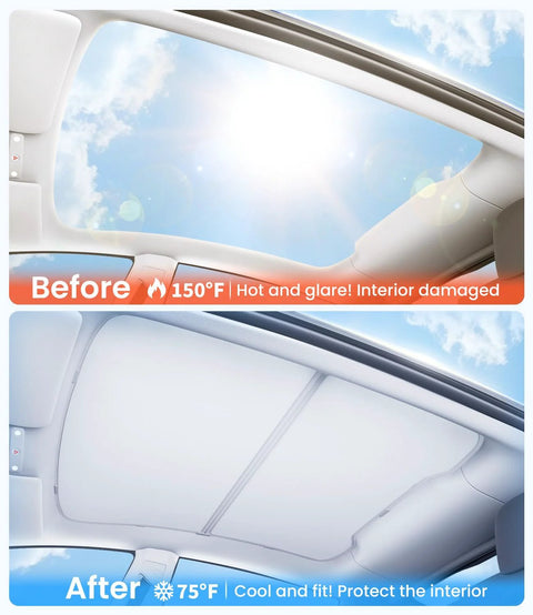 Tesla Model Y sunshade roof, magnetic foldable black shade for panoramic glass roof; installed view.