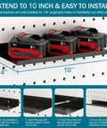 Steel shelf with power tool batteries on pegboard, 10-inch extension, installation steps shown below.