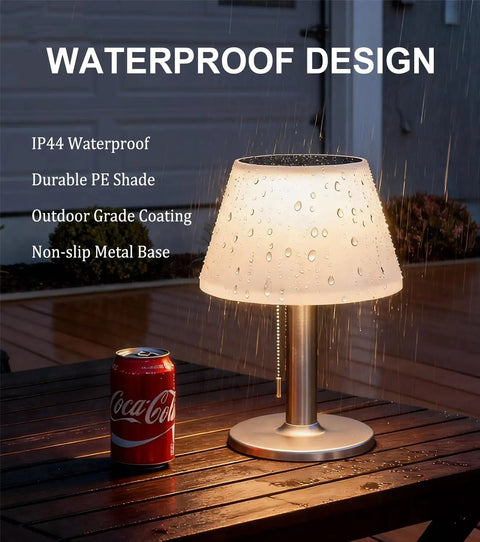 Solar Powered Outdoor Table Lamp With 3 Way Dimmable LED, Cordless Eye Caring Desk Light With Pull Chain, Waterproof Portable Lamp