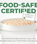 Certification label on white bucket filled with beans, part of Beefy 5 Gallon Food Grade Bucket With Lid Heavy Duty 90 Mil Pail Metal Handles.