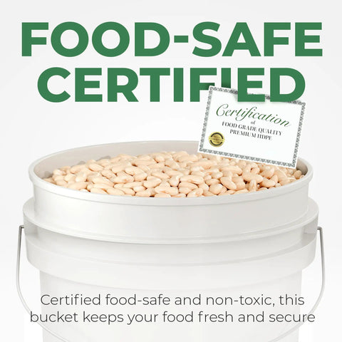 Certification label on white bucket filled with beans, part of Beefy 5 Gallon Food Grade Bucket With Lid Heavy Duty 90 Mil Pail Metal Handles.