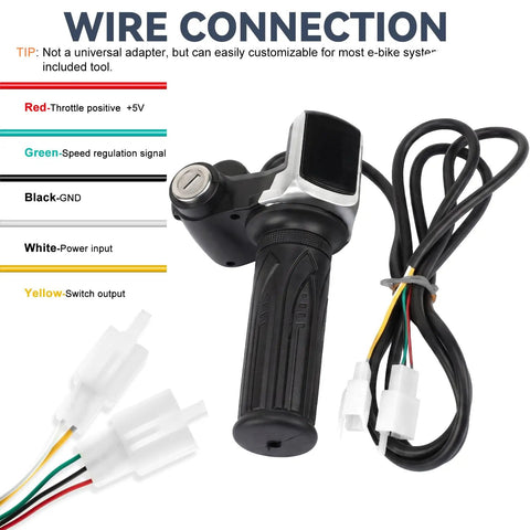Full Twist Throttle For 60V E Bike With LED Display And Key Lock, featuring wire connections and grip design.