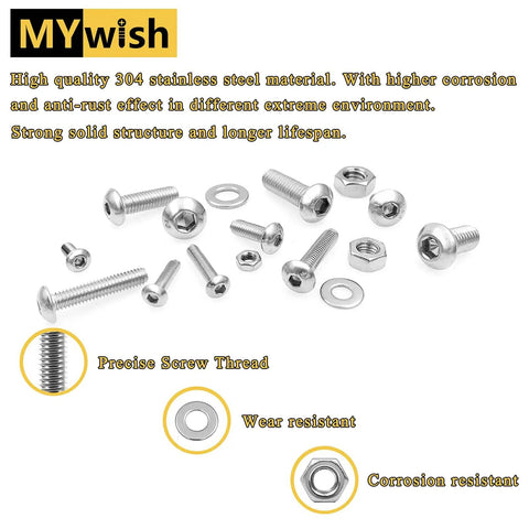 Massive 900Pcs Metric Screw Kit With M3-M6 Button Head Hex Screws, Nuts, Bolts, Washers, 304 Stainless Steel, corrosion resistant
