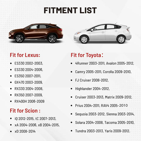 Fitment list showing Lexus, Toyota, and Scion models compatible with the Steering Wheel Control Wire Harness With RCA 20-Pin Connector.