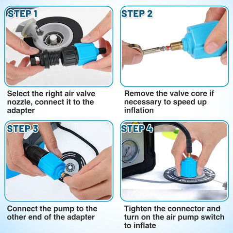Set Of 6 Inflatable SUP Pump Valve Adapters With Round Sharp Square And Spiral Nozzles For Boards Pools Boats Rings And Floats Easy Fit And Leak Free Inflation For All Your Air Gear, 4-step setup