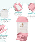 No Fuss Automatic Bird Feeder With Spill Proof Bottom Tray has top design and non-slip perches in pink plastic for small birds.