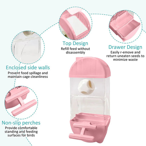 No Fuss Automatic Bird Feeder With Spill Proof Bottom Tray has top design and non-slip perches in pink plastic for small birds.