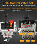 Image of a cab-mounted Hydraulic Flow Control Valve for Dump Trucks, featuring PTO switch, dual valve, air connections, and control labels.