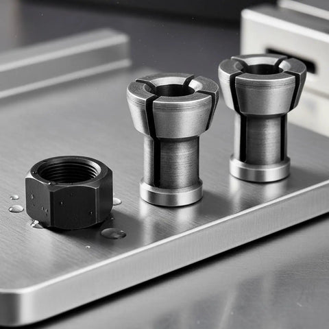 Collet Nut And Collet Chuck Set M17 Tool Holding Clamp For Precise Routing And Cutting Beefy Heavy Duty Ultra Consistent Hold For Shop Use And Fabrication Floors, metal set on machine table