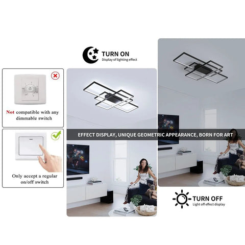 Three Square LED Ceiling Light 75W Modern Flush Mount Chandelier In Black Acrylic Cool White 6000K with on/off switch illustration