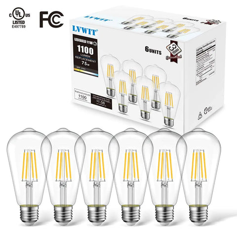 Six Pack Vintage Edison LED Bulbs ST64 Dimmable 11W 1100 Lumens 2700K Warm White E26 Medium Base Clear Glass For That Retro Vibe High Brightness Replacement For 75W Incandescent
