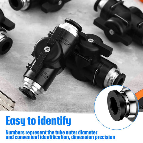 Close-up of 5 Pack Three Eighths Inch OD Push To Connect Pneumatic Ball Valve Set, black plastic and copper, for PVC air lines