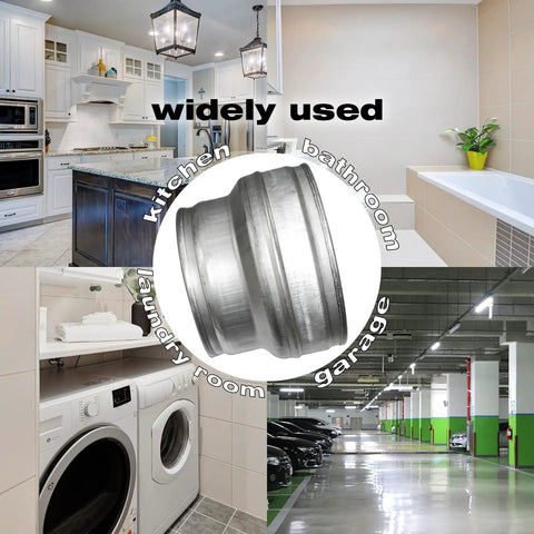 Six To Five Inch Round Duct Reducer For HVAC Ductwork shown with kitchen, bathroom, laundry, and garage settings