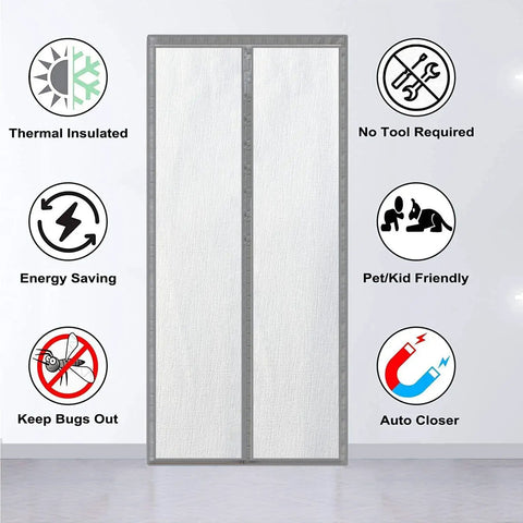 Insulated Door Screen With Full Blackout Thermal Shield with energy-saving icons and features for easy install and privacy.