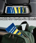 Car interior cleaning wipes, blue/yellow, plant-based, large multi-surface cloths; shown in a cup holder and in a green backpack.