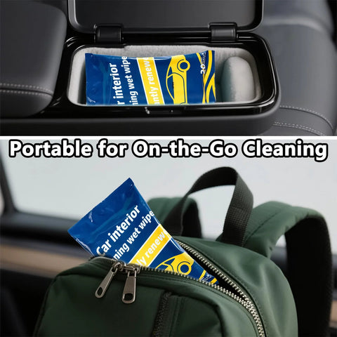 Car interior cleaning wipes, blue/yellow, plant-based, large multi-surface cloths; shown in a cup holder and in a green backpack.