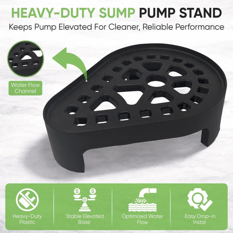 Heavy Duty Sump Pump Stand That Stops Sediment Buildup And Clogs, Elevates Your Unit For Reliable Flood Prevention, shown on white surface.