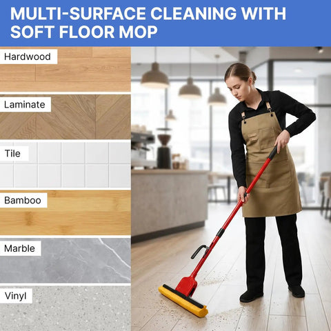 A person using a Commercial Sponge Mop With Stainless Steel Extendable Handle and Two Compressed Cellulose Heads to clean hardwood floors.
