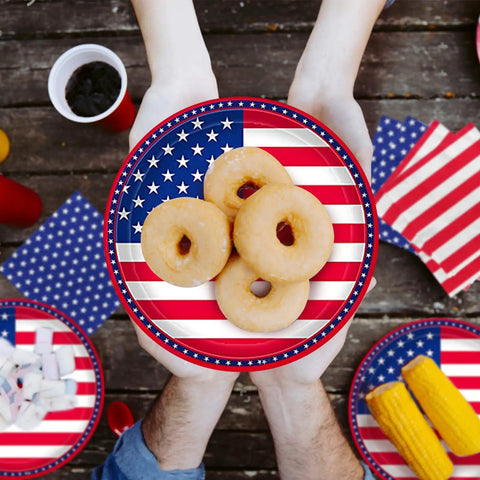 Patriotic American Flag Party Supplies Party Pack Includes 50 Dinner Plates 50 Stars Napkins And 50 Stripes Napkins visible at table