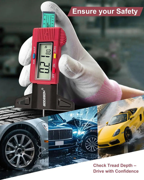 Digital Tire Tread Depth Gauge With Three Modes And Color Coded Scale for quick easy readouts, shown in use with colorful display.