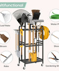 Heavy Duty Garden Tool Organizer With Lockable Wheels Workhorse Metal Garage Storage Rack 35 Tool Slots And Side Hooks