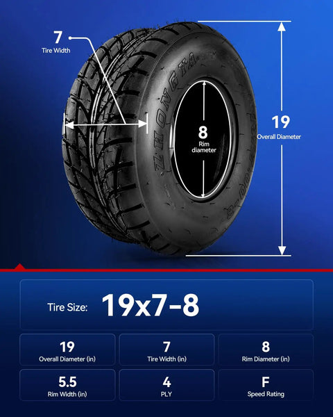 Tubeless Knobby Tire Set 19x7-8 For Mini Bikes Go Karts ATVs Quads And Other 4 Wheelers 4 Ply Z-129 2Pc specifications chart