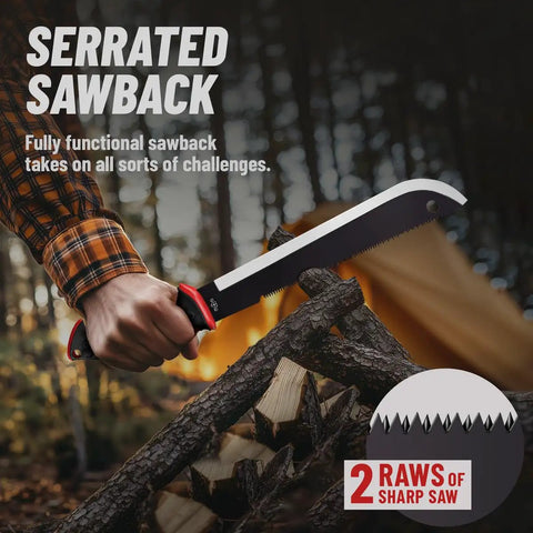 Beast 19 Inch Heavy Duty Machete With Saw Blade And Serrated Edge Rugged Black Coat Ergonomic Handle in outdoor use.