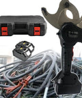Electric Ratcheting Cable Cutter For Copper And Aluminum Cables with battery pack and case, shown with cut cables in background.