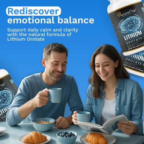 Two people enjoying breakfast with Lithium Orotate 10mg With Magnesium Taurate And L-Tryptophan For Brain Health bottles visible