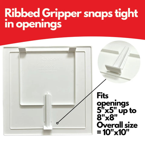 8X8 Inch White Plastic Spring Fit Access Panel With Self Expanding Grippers For Drywall Holes Quick No Sweat Screwless Install Solid Grip Sweet Finishing Inspection Tile Cover with ribbed gripper for secure fitting.