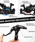 Badass Bike Disc Brake Kit Aluminum Front And Rear Caliper with 160 Mm Rotors and adjustable screws and cable setups.