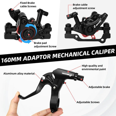 Badass Bike Disc Brake Kit Aluminum Front And Rear Caliper with 160 Mm Rotors and adjustable screws and cable setups.