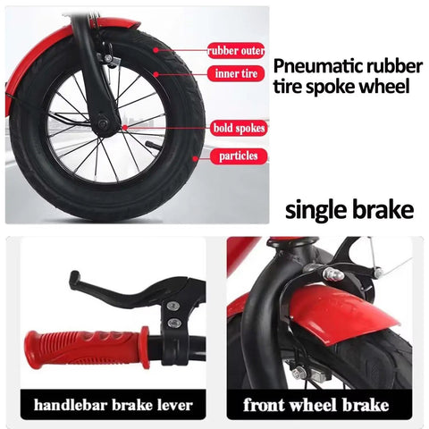 Three Wheel Kid Friendly Tricycle With Pneumatic Rubber Tires Pedals Single Brake Height Adjustable Saddle And Handlebar Cruiser Trike With Large Front Basket Durable Steel Frame Red 12 Inch close-up of rubber tire and brake components