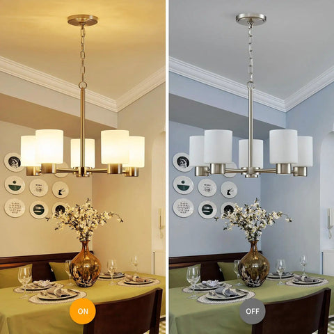 Five Light Bathroom Vanity Light Fixture Over Mirror In Brushed Nickel with E26 base shown on and off above dining table.